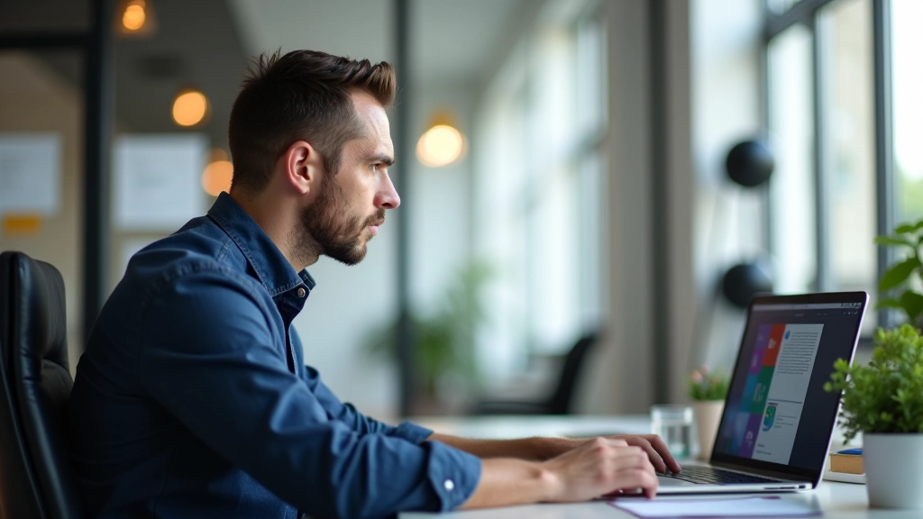 Designer sitzt vor Computerbildschirm und prüft Farbkontraste mit automatisierten Tools