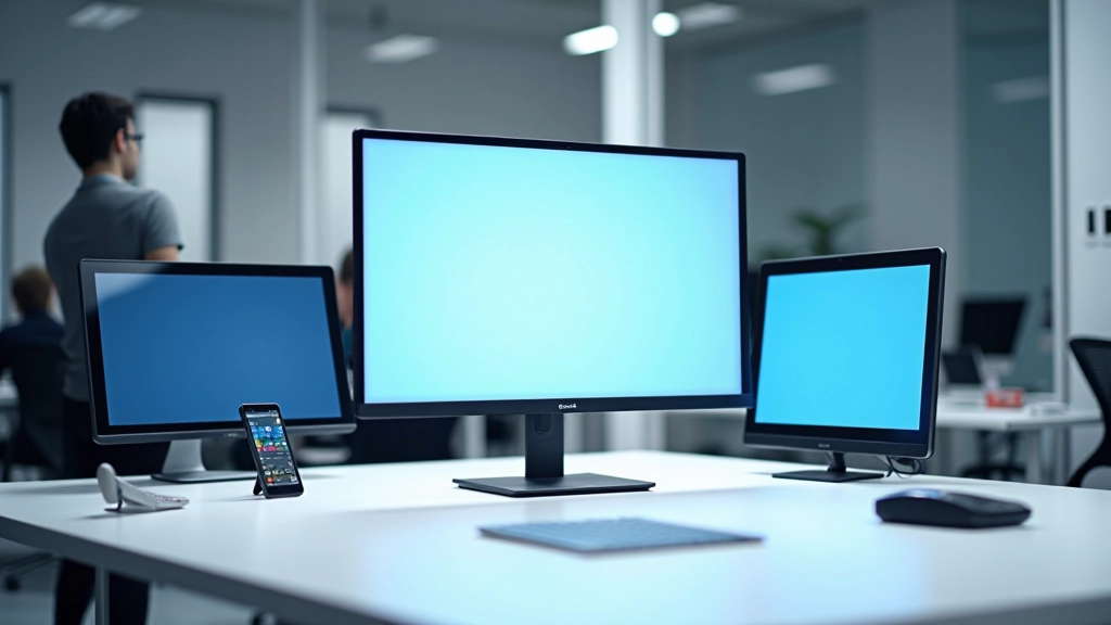 Verschiedene Displaytechnologien OLED, LCD, E-Ink nebeneinander mit unterschiedlichen Farbdarstellungen